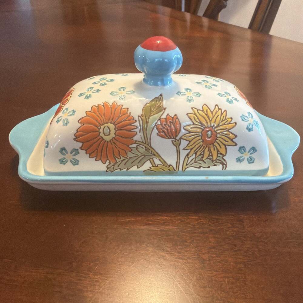 Vintage Dutch Wax Hand Painted Ceramic Cottage Crazy Daisy Butter Dish EUC